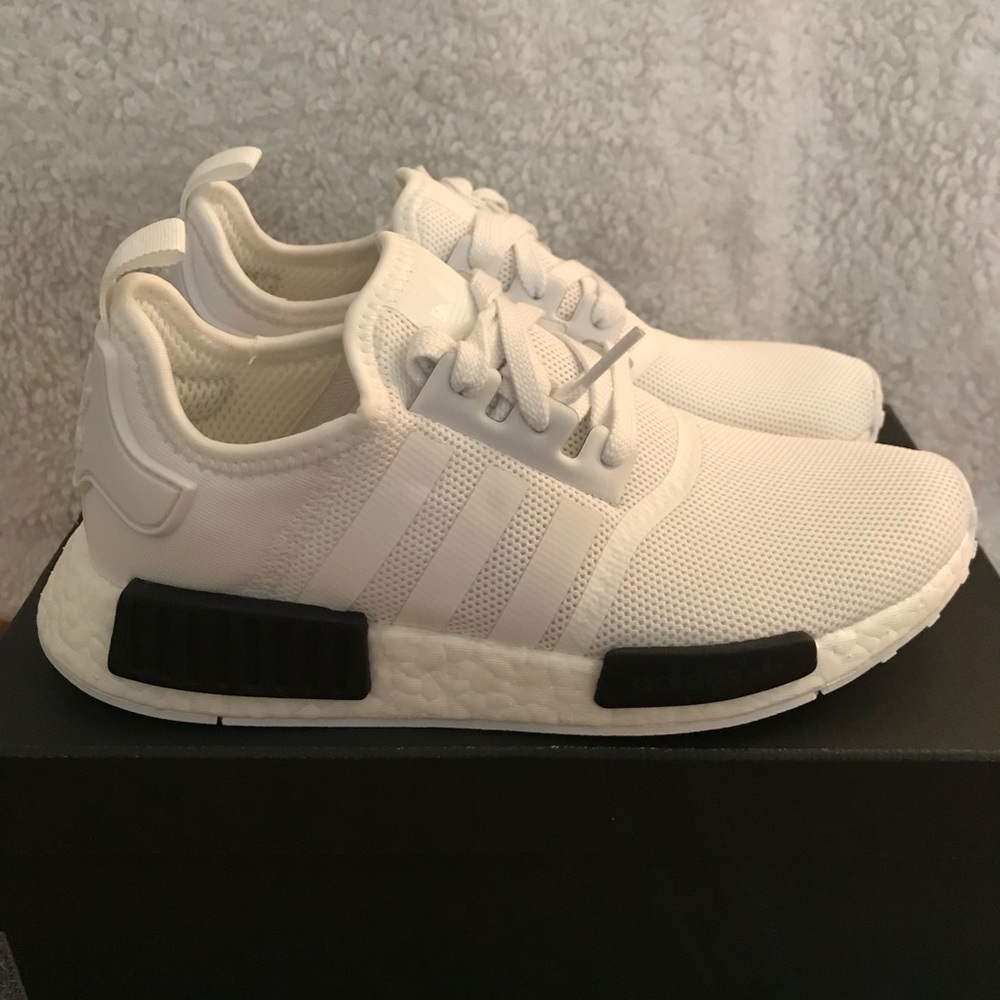 White Adidas NMDs, kids’ size 6.5